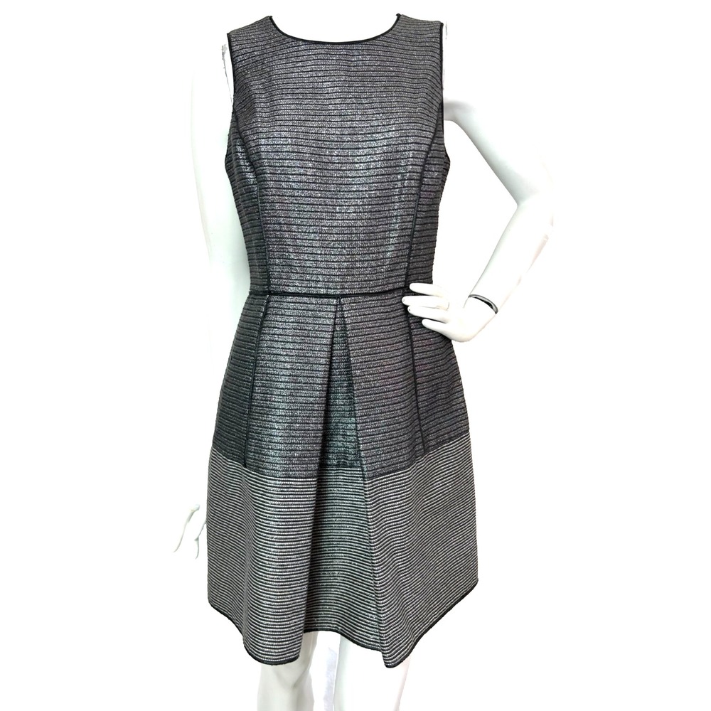 Cynthia Steffe Aniston Metallic Stripe Fit Flare Dress 8 Black Silver Party Flaw